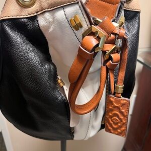 OrYany Leather Two-Tone Black & White Shoulder Bag with Tan Accents